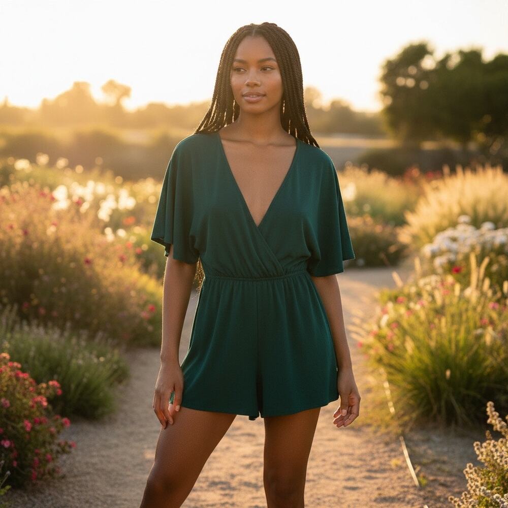 Leith Dark Green Emerald V-Neck Flowy Short Sleeve Tie-Back Romper Sz L